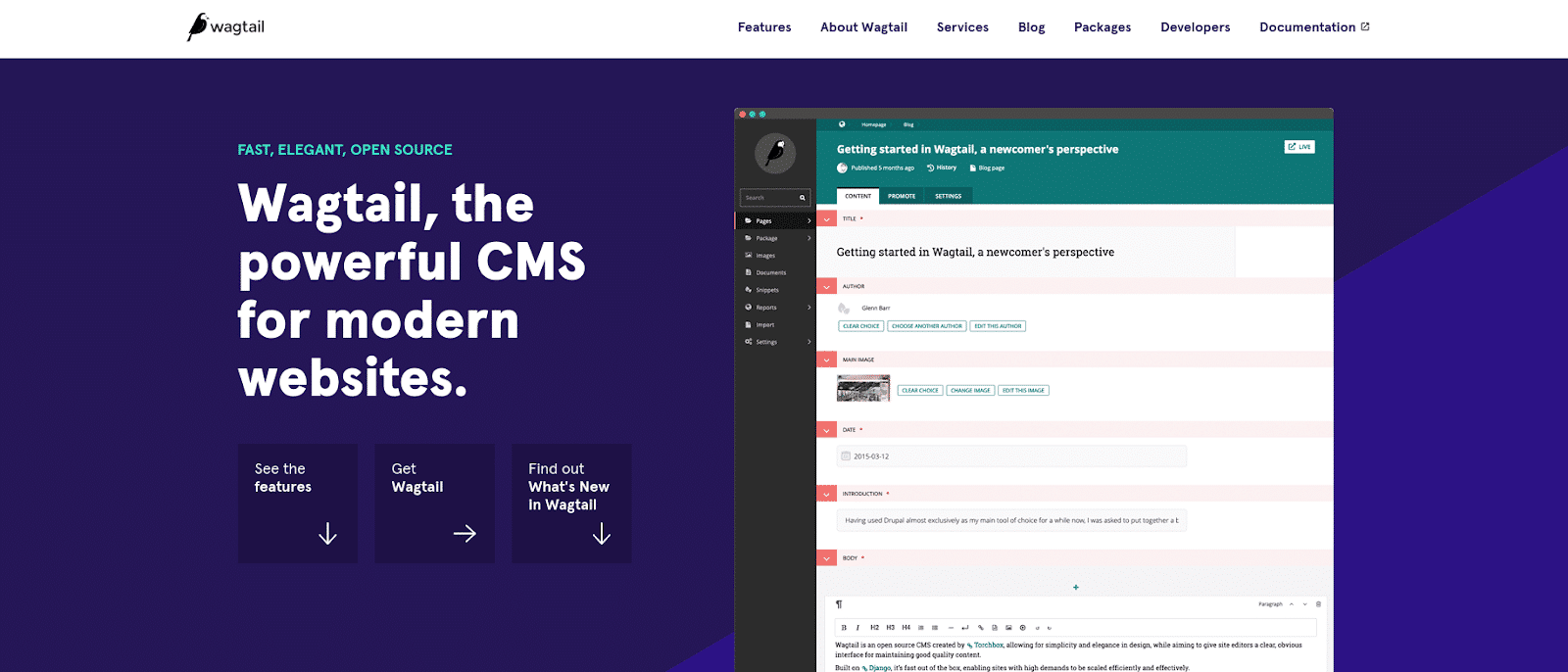 Schermata della homepage di Wagtail CMS.