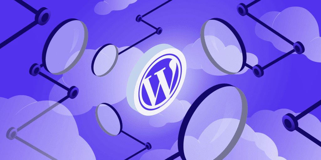 An illustration of magnifying glasses focusing on the WordPress logo.