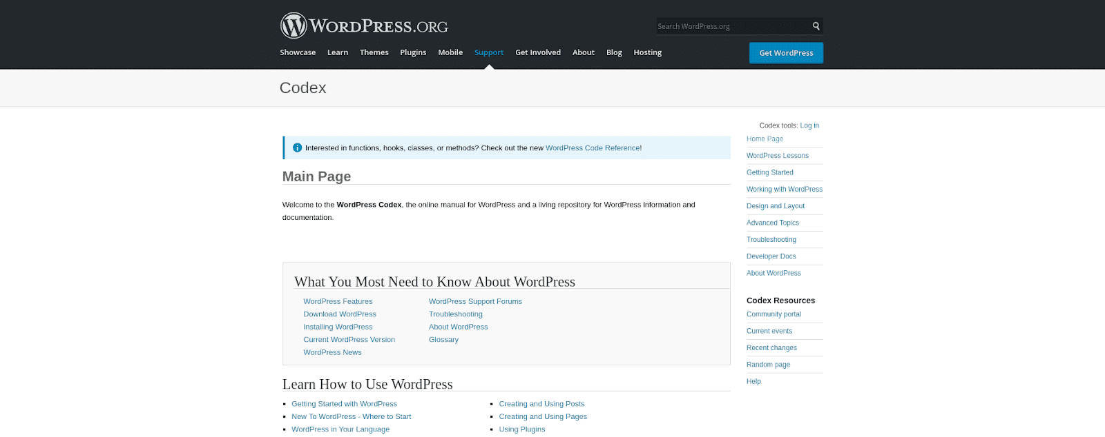 Screenshot of the WordPress Codex page.