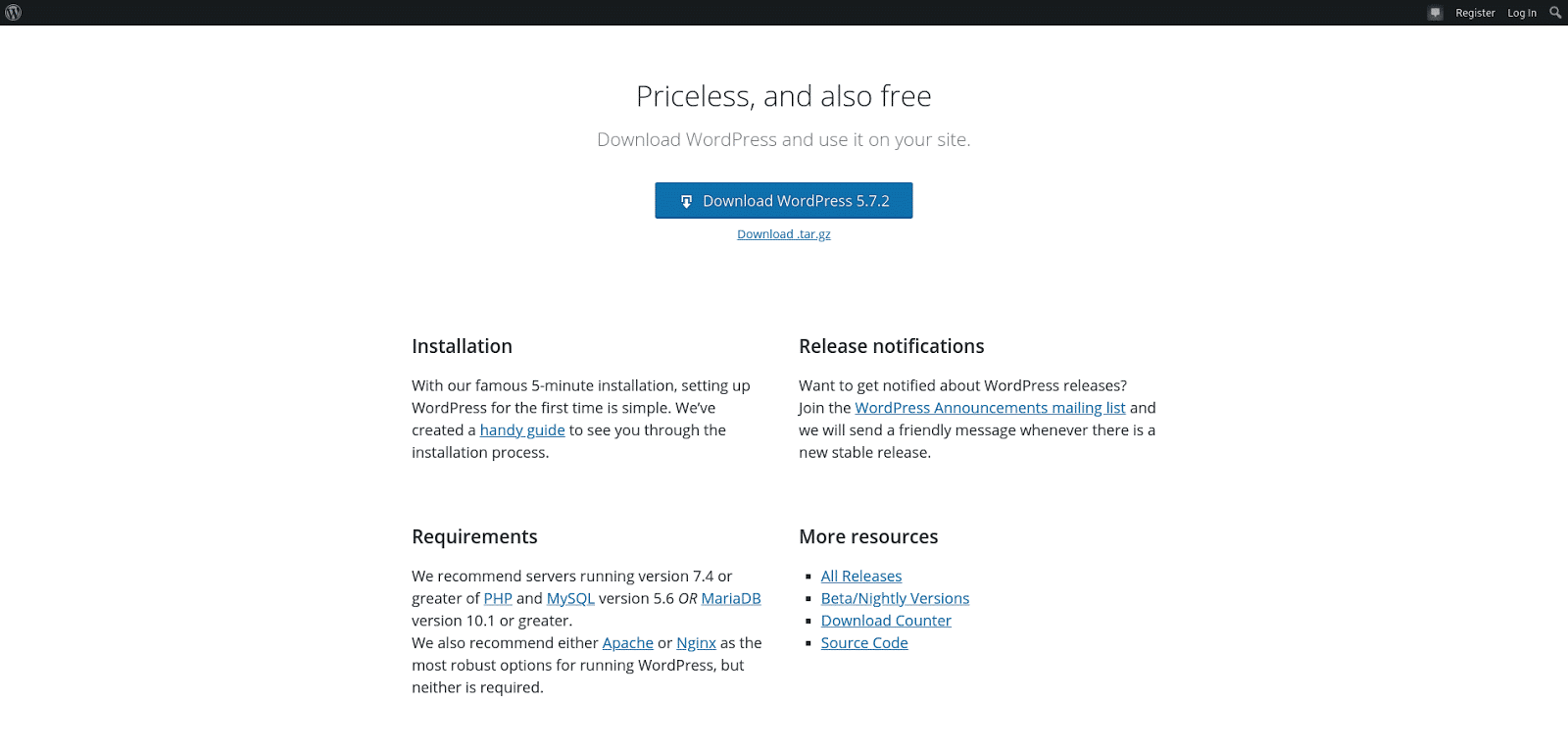 Screenshot of the WordPress Download page.