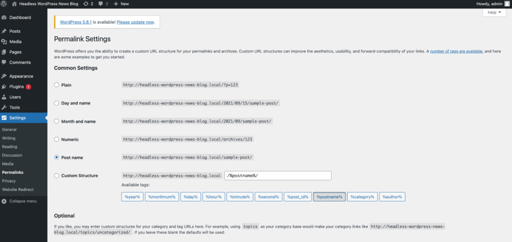 Configurações do WordPress Permalink.