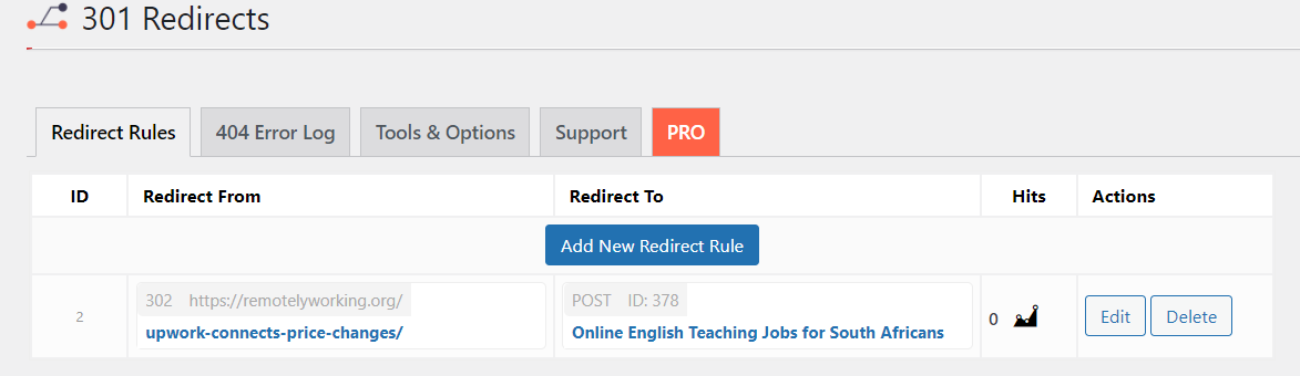 WordPressプラグイン「301 Redirects」の「Redirect Rules」設定ページ
