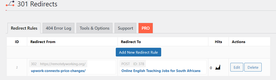 The Redirect Rules settings page for the 301 Redirects WordPress plugin.