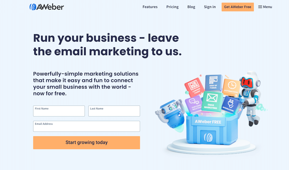 Homepage di AWeber Email Marketing che dice “Run your business, leave email marketing to us.” 