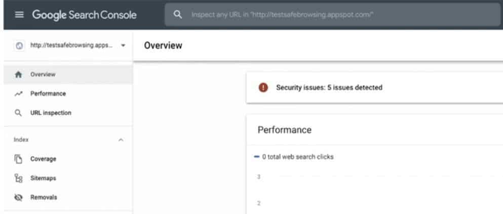Google Search Console showing 5 security issues detected.