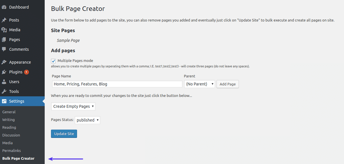 Optionen für das Plugin Bulk Page Creator.