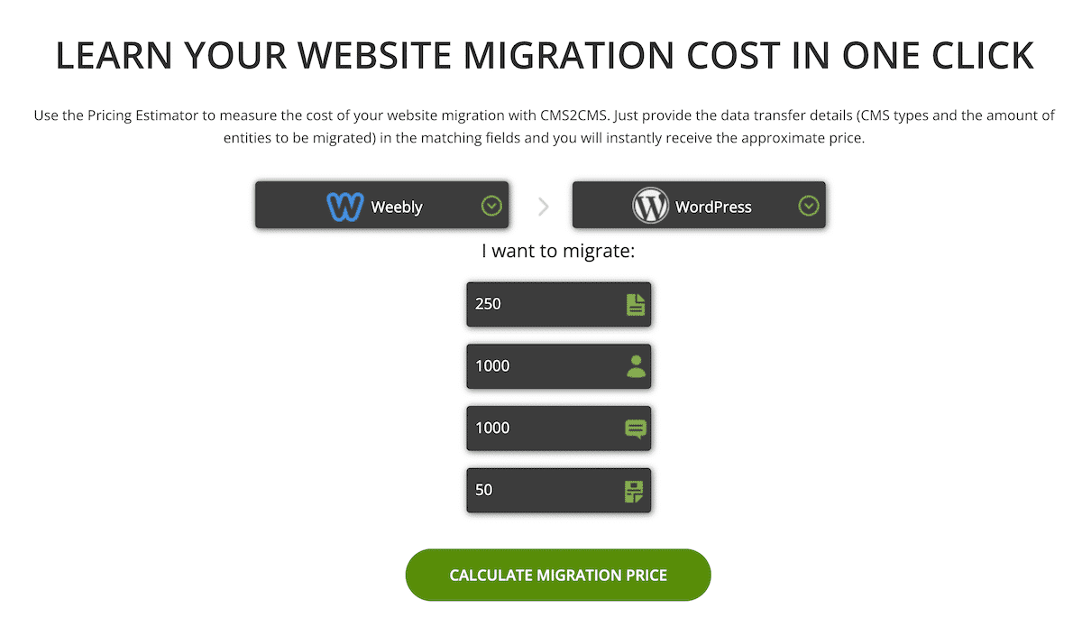 Il calcolatore del prezzo della migrazione di CMS2CMS vi dà l’informazione in un solo clic