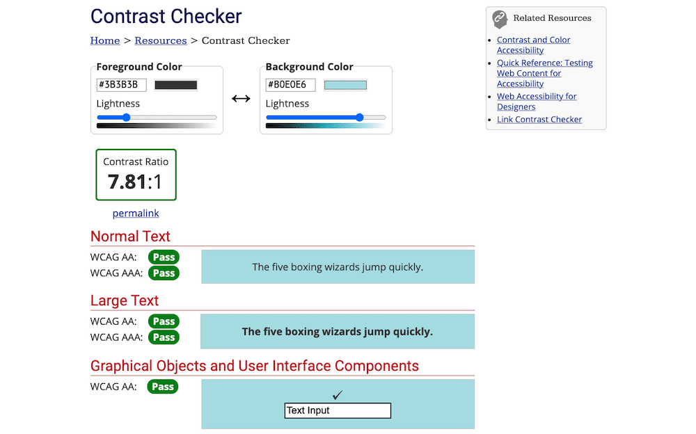 Use um verificador de contraste para testar várias relações de contraste de cor de texto para fundo