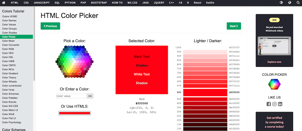Una schermata dal sito di HTML Color Picker.