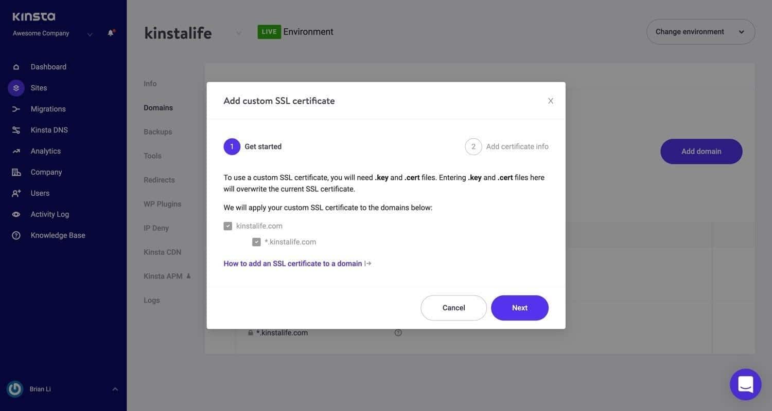 SSL Certificate installation window dialog through MyKinsta.