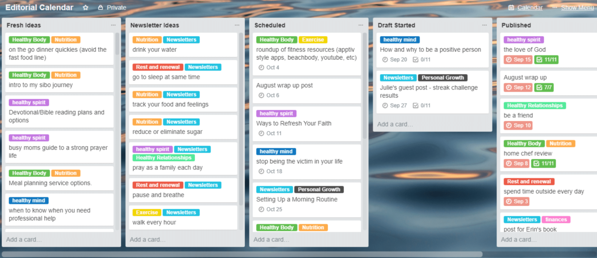 Editorial calendar on Trello.