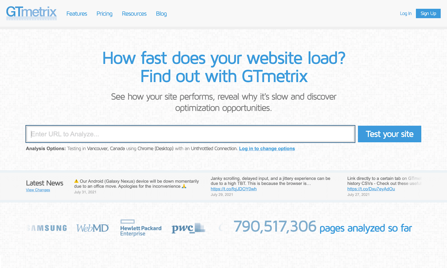 The home page of the GTmetrix benchmark tool with the text "How fast is your website loading?" Find out with GTmetrix”.
