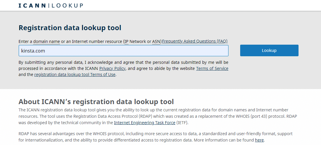 Screenshot of the ICANN Lookup WHOIS database webpage.