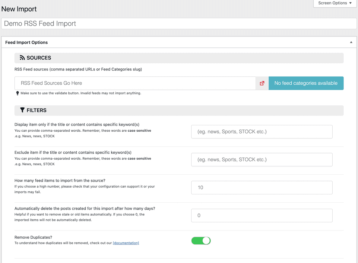 Nomeie sua importação e preencha a fonte de fluxo RSS