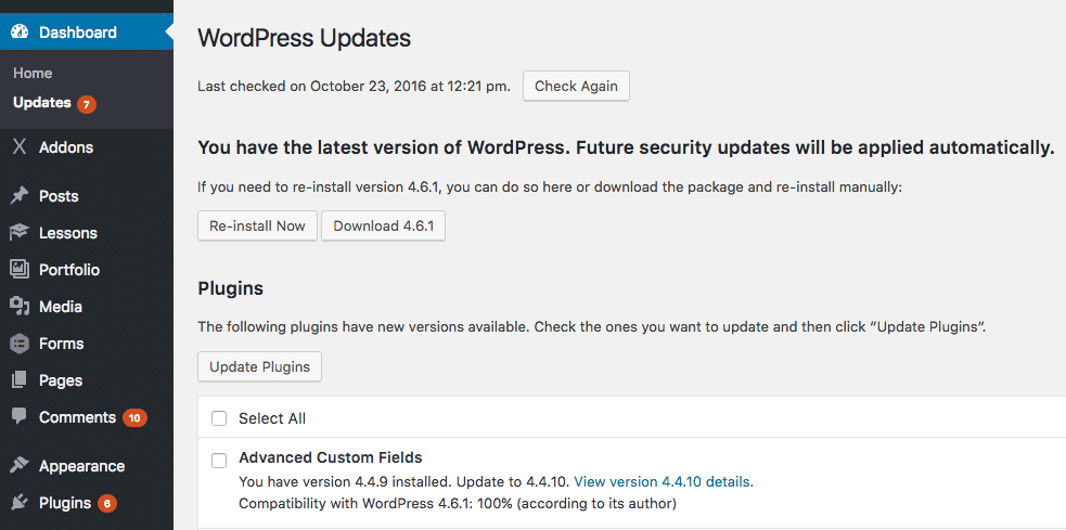 Les mises à jour du site WordPress en attente, telles qu'elles apparaissent dans le tableau de bord de l'administration de WordPress.