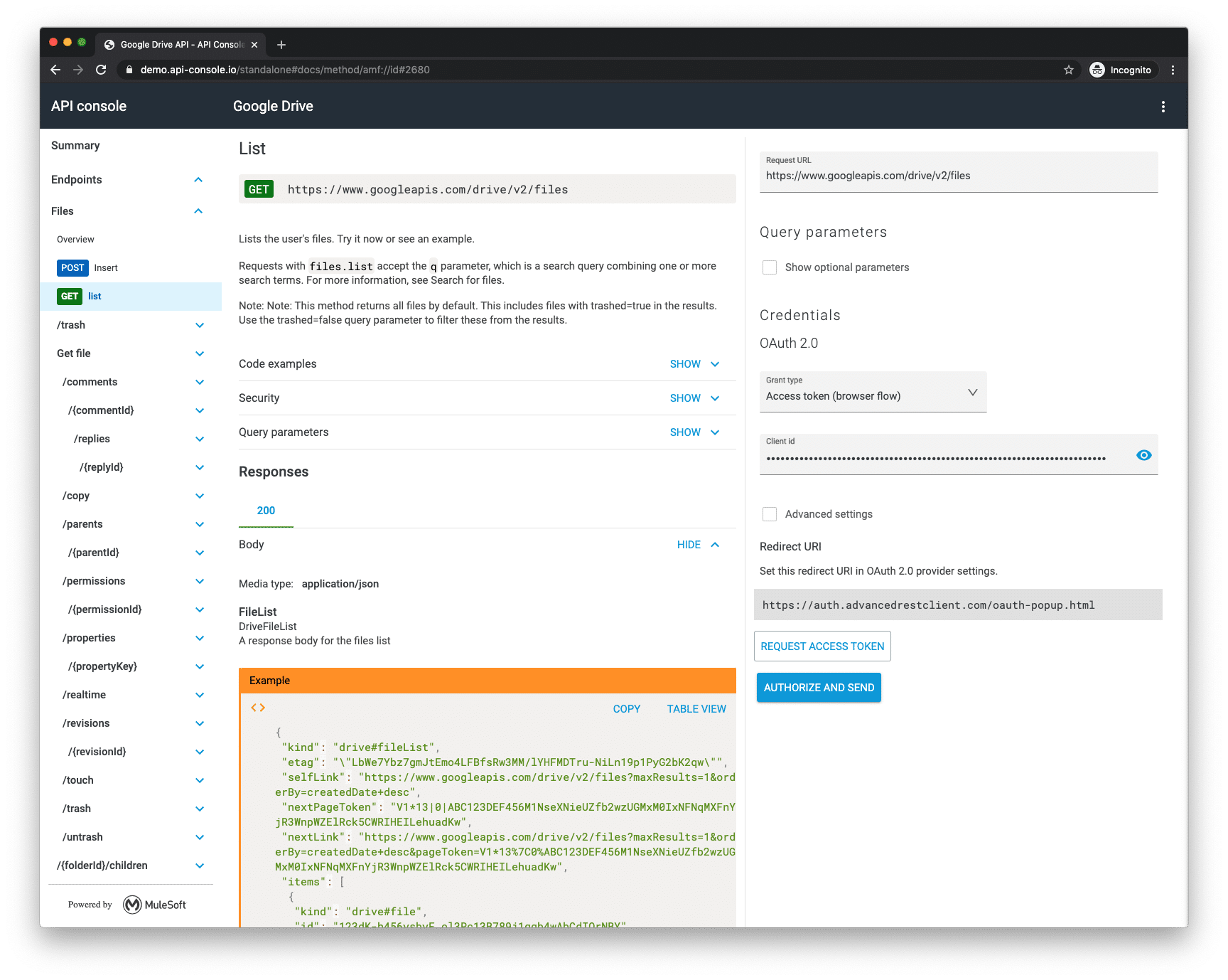 Screenshot della documentazione API Console. 