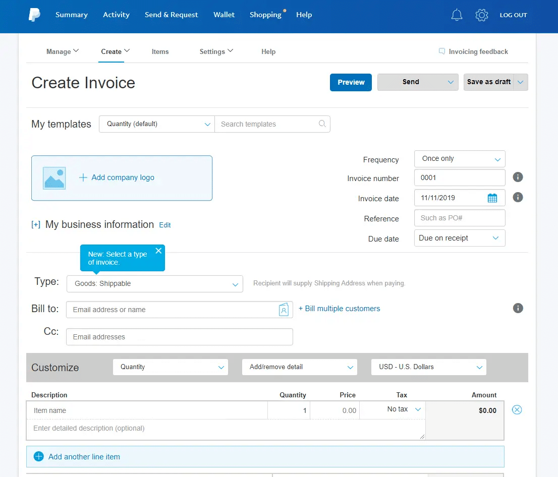 Screenshot of PayPal invoice management page.