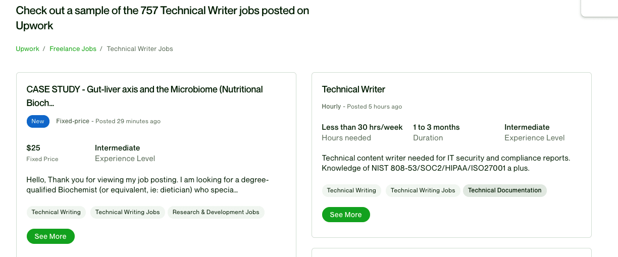 Offres d'emploi de rédaction technique en freelance sur Upwork.com.