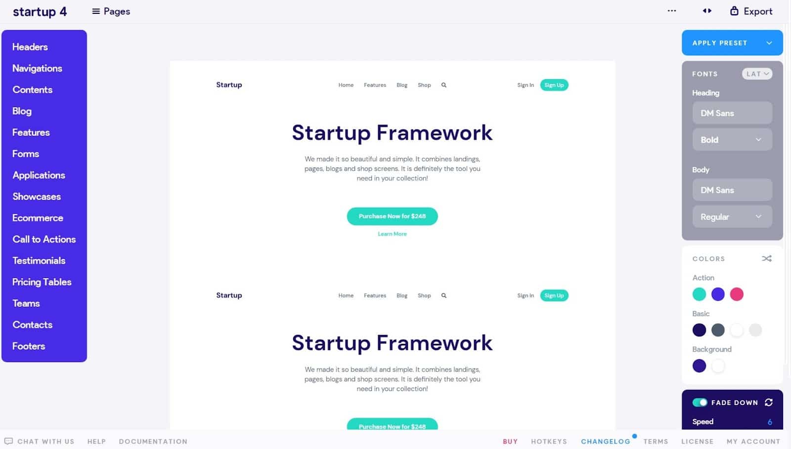 Página del constructor de sitios web de Startup 4.