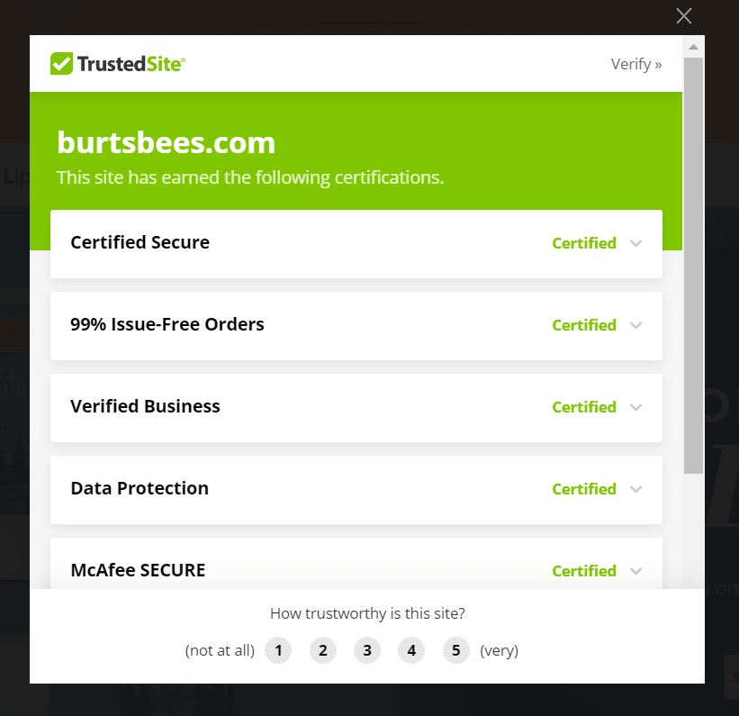 Esempio di un pop-up con badge di fiducia emesso da TrustedSite su BurtsBees.com.