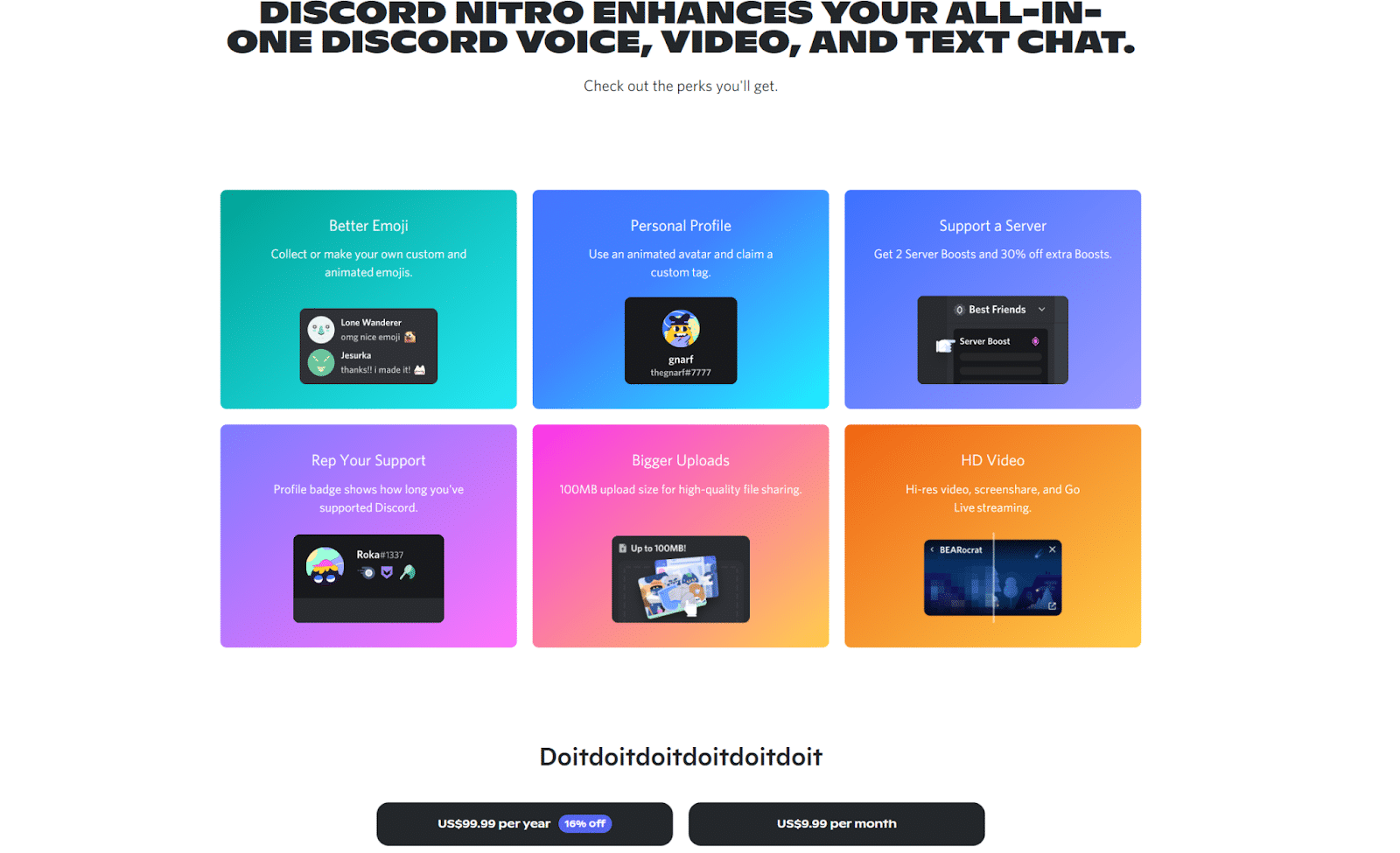 A screenshot of Discord Nitro's homepage with the headline