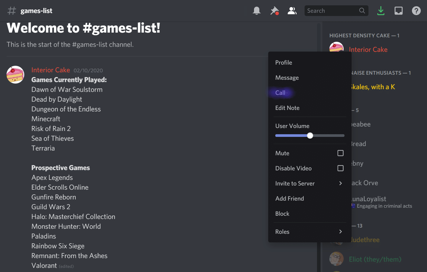 Il menu di Discord per iniziare una chiamata