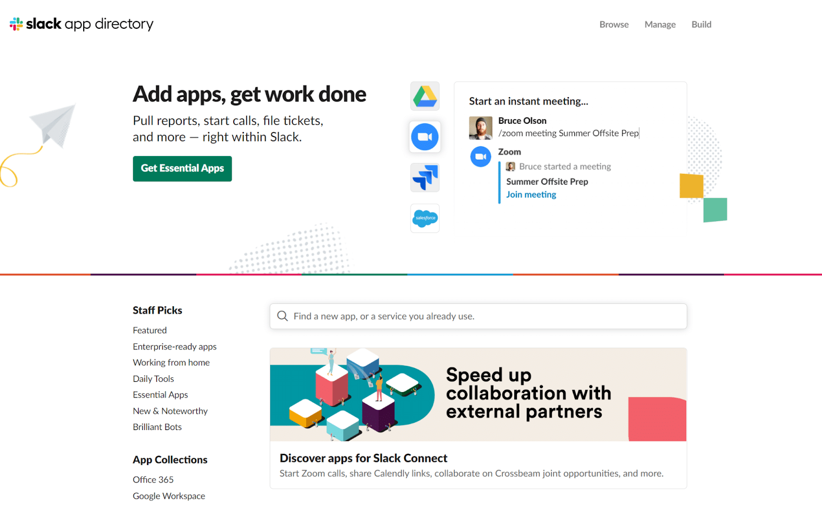 La schermata di presentazione delle app di Slack