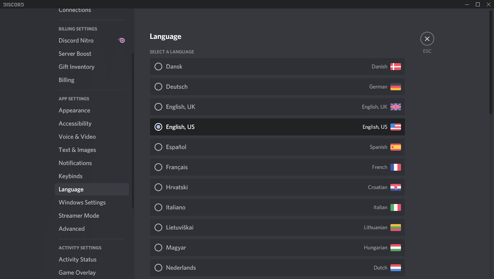 A screenshot of Discord's language settings.