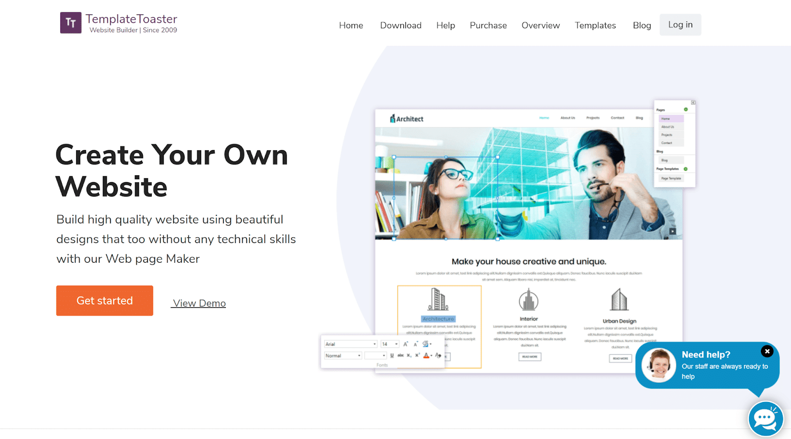 Schermata della homepage di TemplateToaster che dice Create Your Own Website