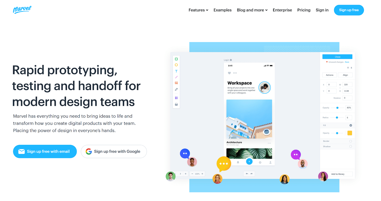 Schermata della homepage di Marvel con il motto Rapid prototyping, testing and handoff for modern design teams