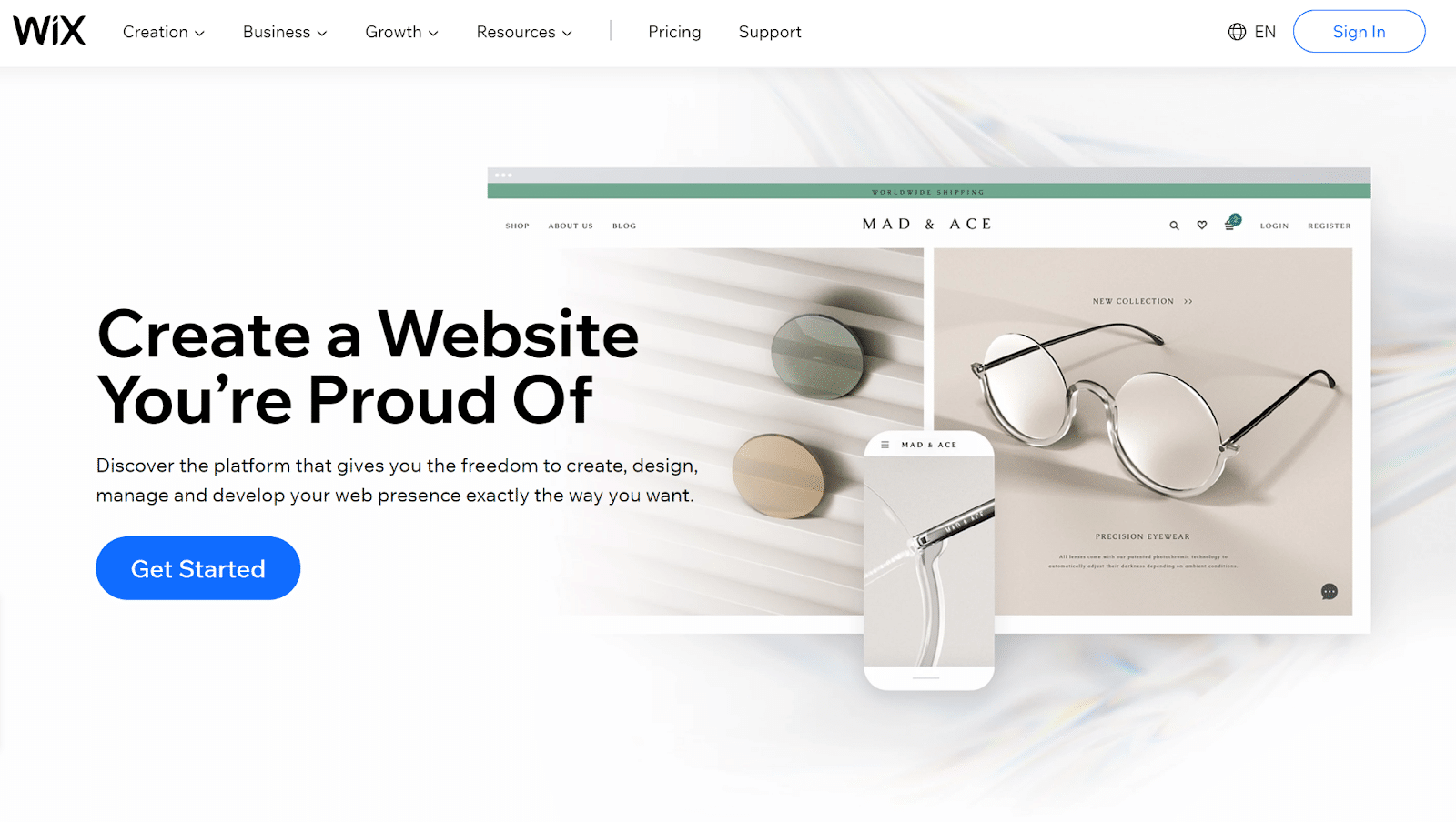 Homepage di Wix con il motto Create a Website You’re Proud Of.