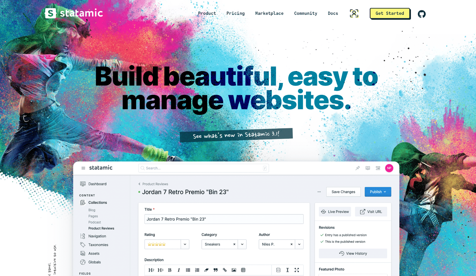 Homepage di Statamic con il motto Build beautiful, easy to manage websites.