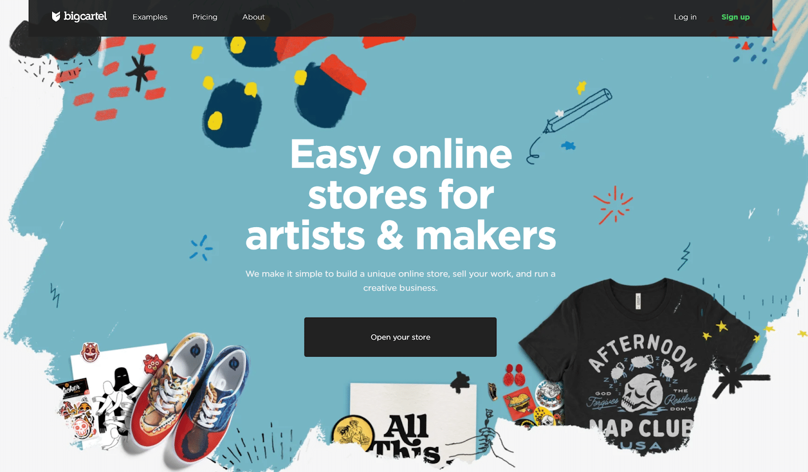 Homepage di Big Cartel con il motto Easy Online Stores for Artists and Makers