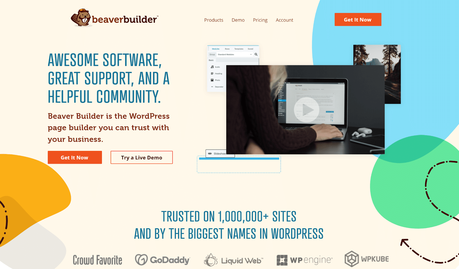 Homepage del plugin Beaver Builder con il motto Awesome software, great support, and a helpful community