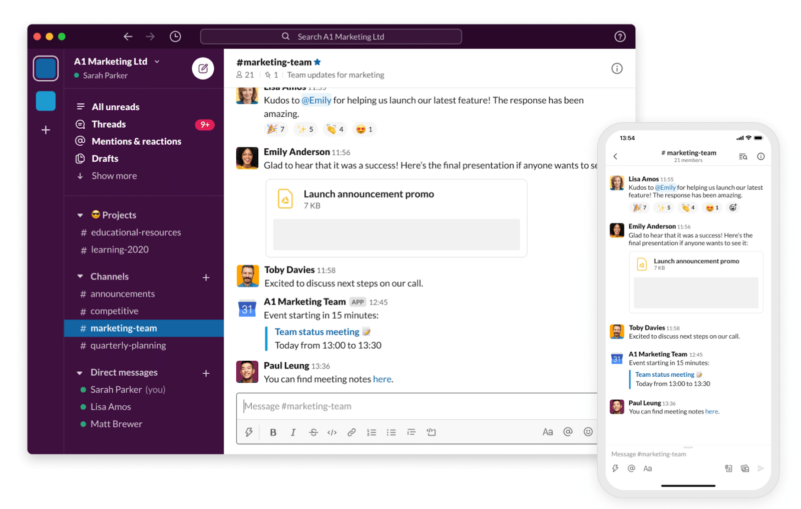 Plataforma Slack tanto na área de trabalho como em dispositivos móveis.