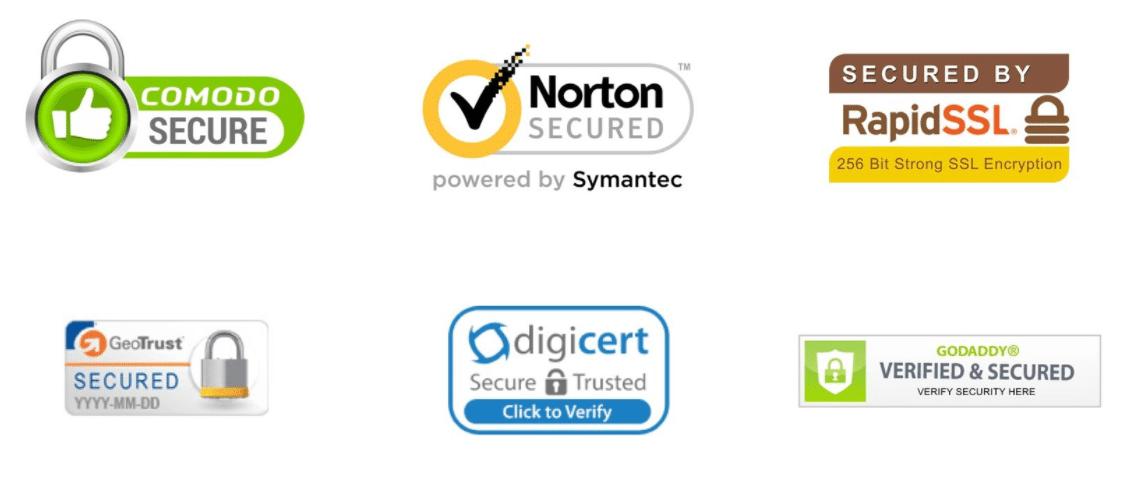 Various SSL trust badge logos, including Comodo Secure and Norton Secured.