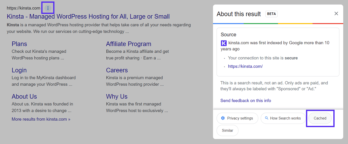 Un esempio della funzione "Informazioni su questo risultato" di Google su una pagina di Kinsta.