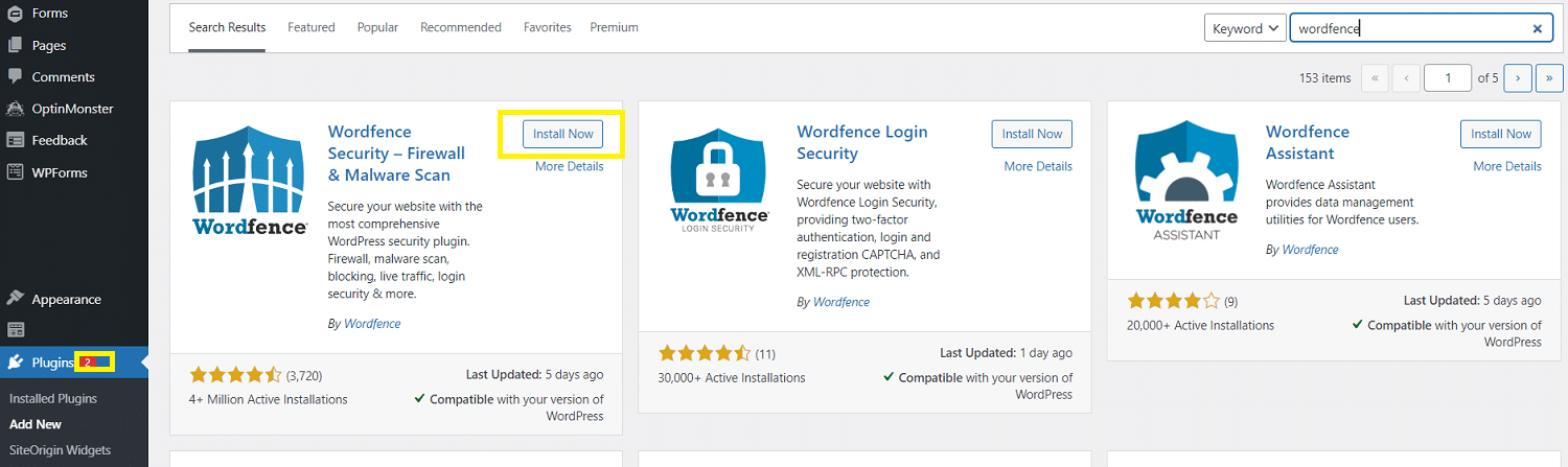 Il pulsante per installare il plugin Wordfence Security dal repository WordPress