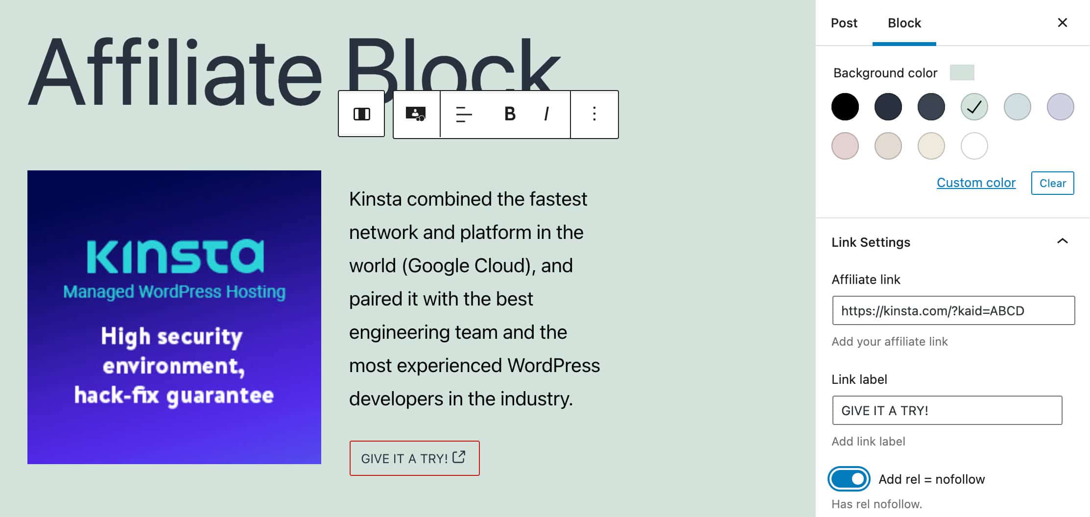 The nested Affiliate block in the editor.