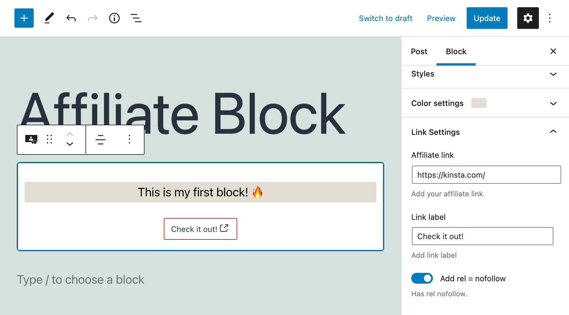 Affiliate block link settings.