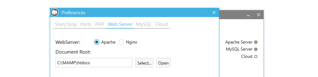 A screenshot showing switching between Apache and Nginx using MAMP's 