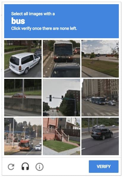 Ein CAPTCHA, das dich auffordert, die Busse zu identifizieren.