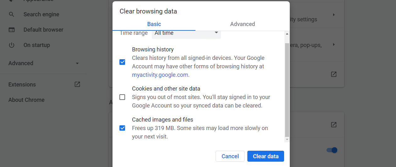 O painel "Limpar dados de navegação" nas configurações do Chrome, mostrando o botão "Limpar dados".