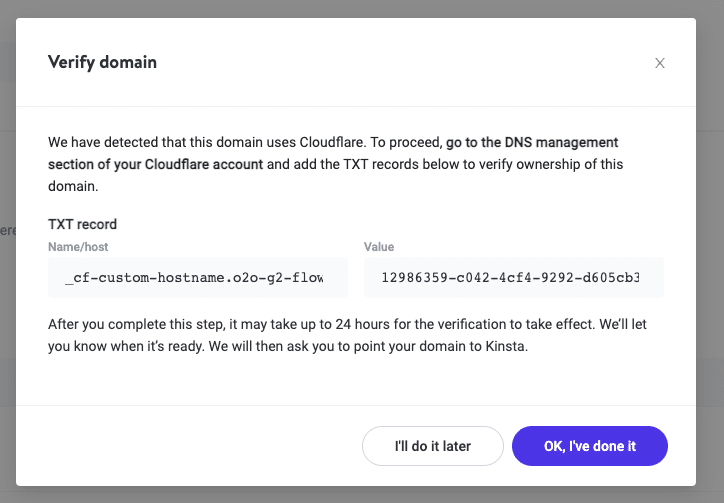 Andra TXT-posten i MyKinsta för att verifiera Cloudflare-domänen.