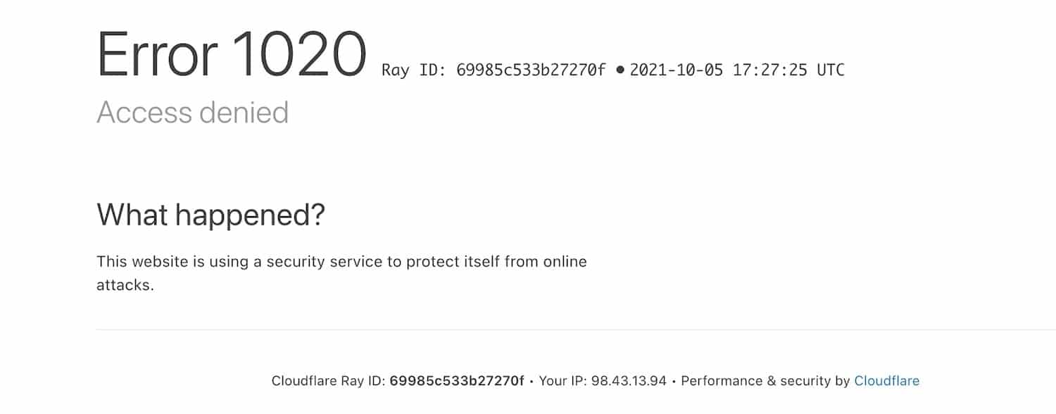 Error de Cloudflare 1020 Acceso denegado.