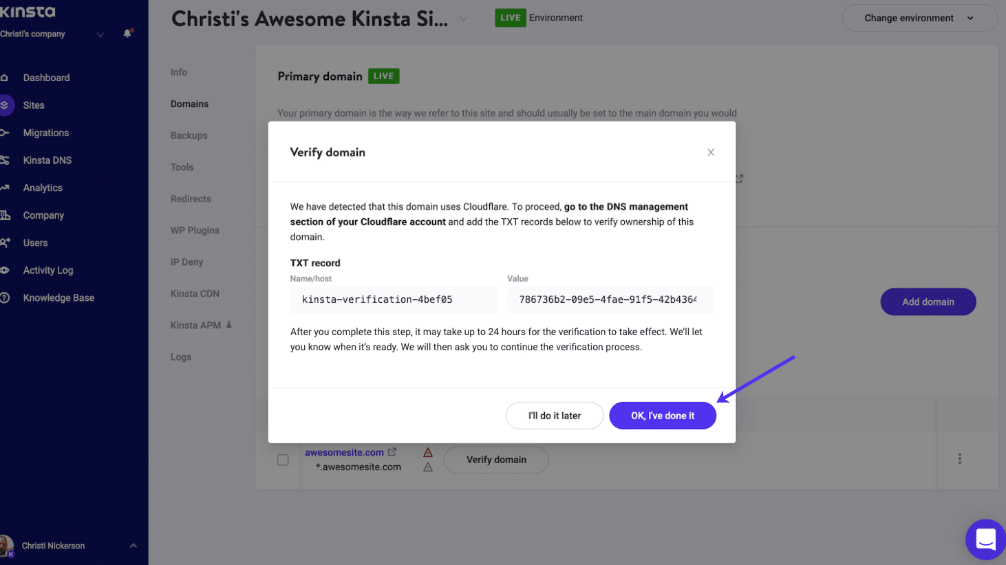 Click the OK, I’ve done it button in MyKinsta for the first TXT record to verify your domain.