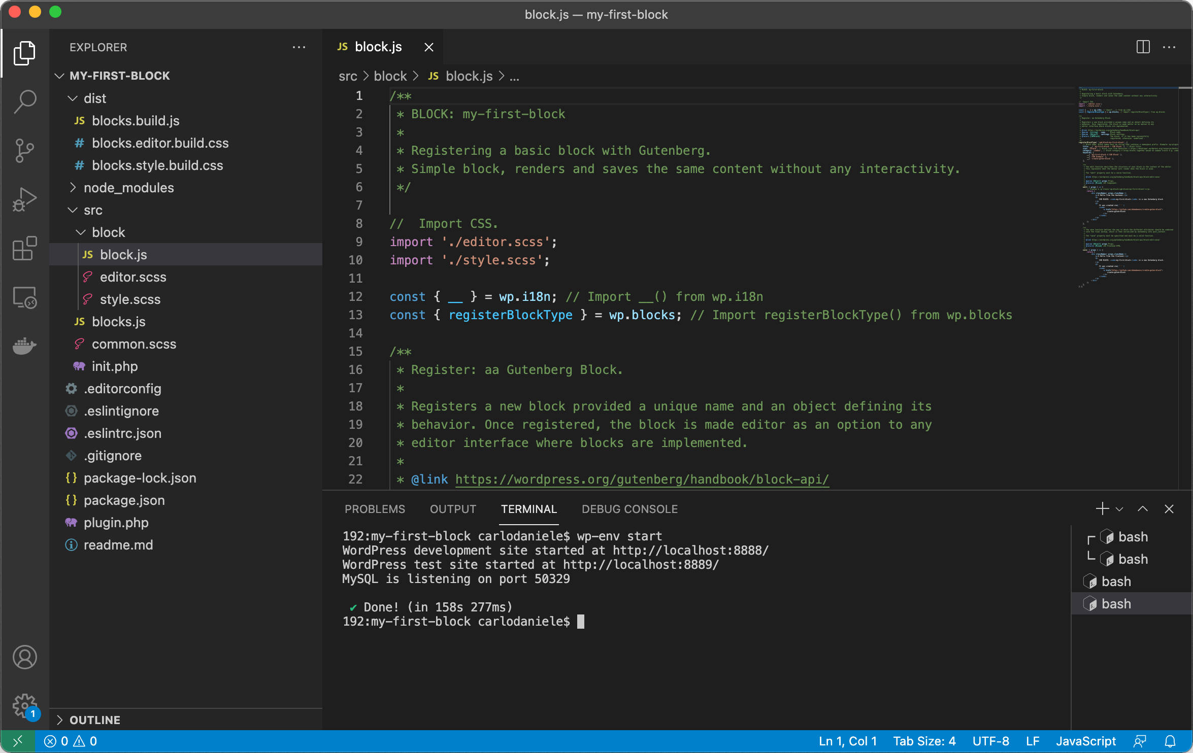 L'extension de bloc dans Visual Studio Code.