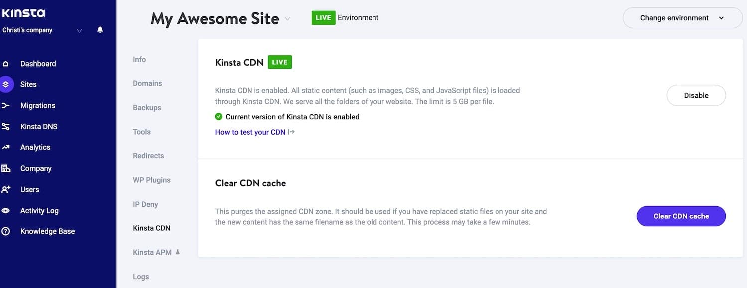 Current version of Kinsta CDN enabled in MyKinsta Current version of Kinsta CDN enabled in MyKinsta.