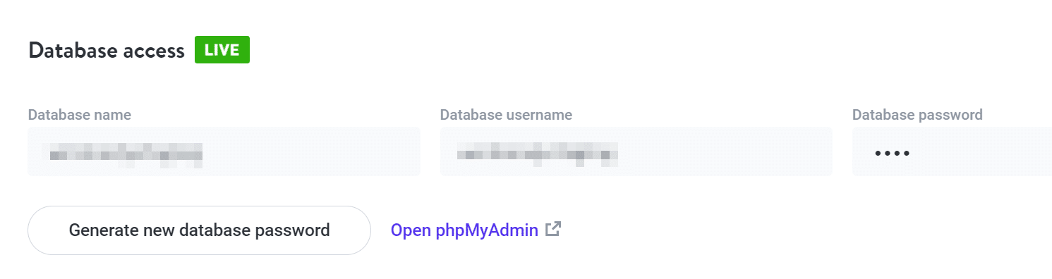 Accessing phpMyAdmin via MyKinsta under the"Database access" section, with an"Open phpMyAdmin" button.