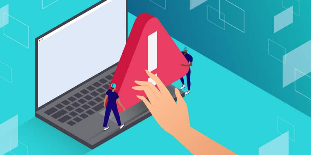 Illustration for deceptive site ahead showing a hand reaching for a laptop keyboard that's being blocked by two tiny human figures holding up a large red triangular exclamation point (warning sign).